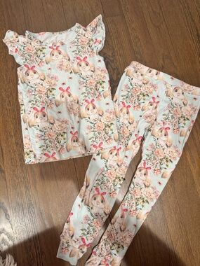 Girls Bunny & Floral Pajama Set in Light Mint Bamboo Easter bunny pjs set